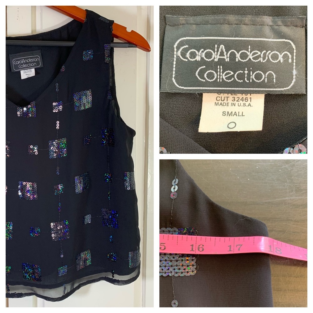 Carol Anderson Collection Sequin‎ Tank Top Small Black USA Party Retro Y2K Party